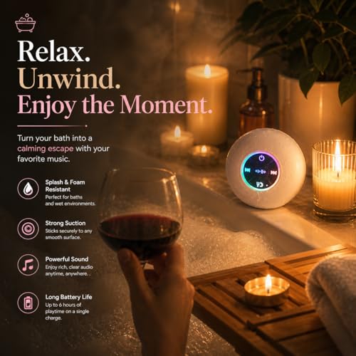 Bluetooth Shower Speaker with LED – Portable Wireless Mini Speaker with Mic & Suction Cup, IPX4 Water Resistant for Shower, Travel, Pool, River Floating, and Outdoor Fun (White) - color: White
