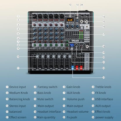 8-Channel Audio Mixer with USB, 99 DSP Effects, 48V Phantom Power