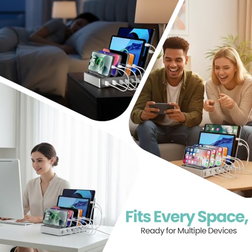 300W Fast Charging Station for Multiple Devices, 6 Port USB Charging Hub, Universal Desktop Charger Organizer Compatible with iPhone iPad Android Phones Tablets Kindle Home Office Travel