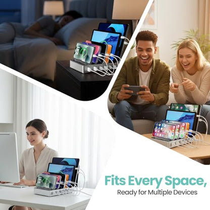 300W Fast Charging Station for Multiple Devices, 6 Port USB Charging Hub, Universal Desktop Charger Organizer Compatible with iPhone iPad Android Phones Tablets Kindle Home Office Travel