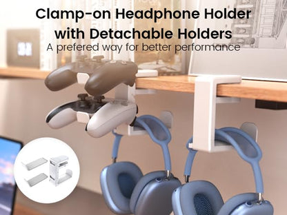 EURPMASK 3-in-1 Rotating Headphone Stand w/2 Detachable Controller Holders | Adjustable Clamp-on Headset Holder Hanger,Swivel,Gaming Headset Hanger,Cable Organizer,Father's Day Birthday Christmas Gift - color: Gaming Combo White