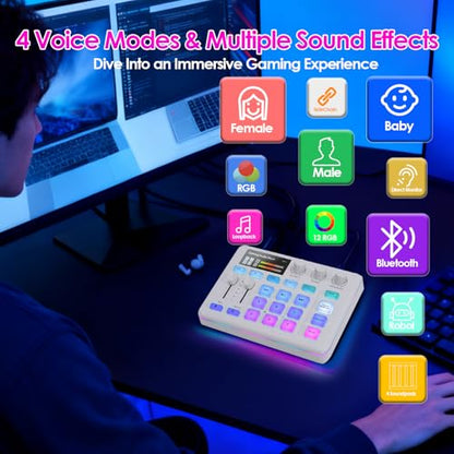 Portable Audio Mixer & Live Sound Card with Voice Changer, RGB Gaming Lights, Bluetooth Accompaniment, Compatible with, PC, for Streaming and Podcasting (White)