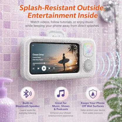 Water-Resistant Shower Phone Holder with Bluetooth Speaker, Wall Mounted Bathroom Phone Mount for Smartphones up to 7”, Touchscreen Compatible, Hands-Free for Shower & Kitchen (White Light-Up Button) - color: White Light-Up Button
