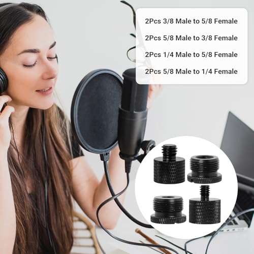 8Pcs Mic Stand Adapter,Screw Thread Adapter Set for Microphone,5/8 Female to 3/8 Male and 3/8 Female to 5/8 Male, 5/8 Female to 1/4 Male and 1/4 Female to 5/8 Male Adapters(Black)