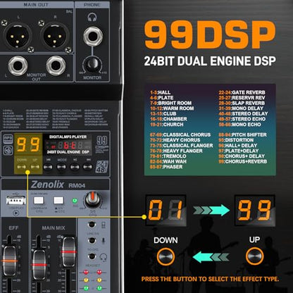 RM04 4Channel Audio Mixer Sound Board, Bluetooth Mixer USB Audio Interface, DJ Mixer with 2 XLR Combo Inputs, 24 Bit 192kHz Recording, Mixing Console for Podcast Live Streaming Home Studio - size: RM04 4-Channel Audio Mixer