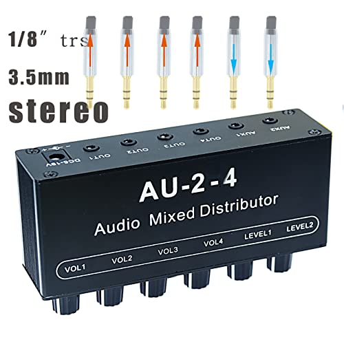 1/8" aux Input Mixing 2 in 4 Channel Way Out Headset Box Headphone Amplifier 3.5mm Mixer 1/8 inch Stereo Audio Amp with Ultra-Compact Portable mini Jack 3.5 Splitter hup for Studio and Stage