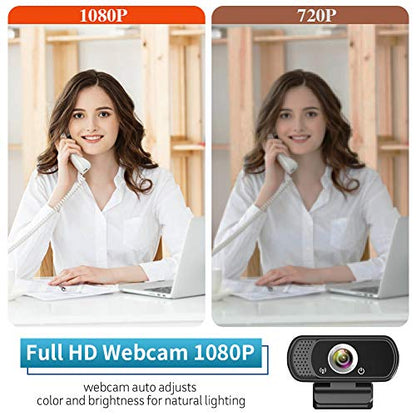 1080P Webcam with Mic Privacy Cover Tripod Stand 110 FOV PC | 1080P webcam with built-in microphone, privacy cover, tripod stand, 110 degree wide angle, USB plug and play for PC laptop - color: BLACK