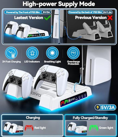 PS5/Slim/Pro Stand and Cooling Station with LED Controller Charging Station for PlayStation 5 Console, Controller Charger, Cooling Stand, PS5/Slim/Pro Skin Accessories Kit with 3 Level Cooler Fan - color: All White