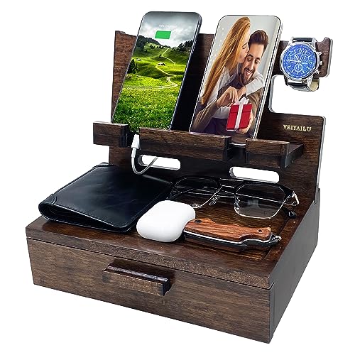 VEIYAILU Gifts for Men Women Husband Son Boyfriend Him Nightstand Organizer Wood Phone Docking Station Birthday Gifts (Walnut) - color: Walnut