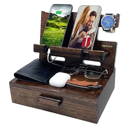 VEIYAILU Gifts for Men Women Husband Son Boyfriend Him Nightstand Organizer Wood Phone Docking Station Birthday Gifts (Walnut) - color: Walnut