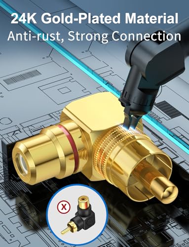 90° RCA Adapter Right Angle RCA Connector 2-Pack | Pure Copper, 24K Gold Plated RCA Male to Female Adapter for Wall-Mount TVs, Home Theater Systems, Subwoofers & Amplifiers - color: Gold - 2 Pack
