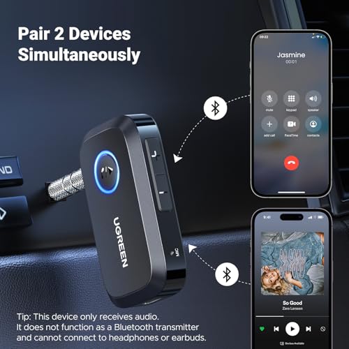 UGREEN Bluetooth 5.4 Car Adapter, Hands-Free Call & Noise Cancelling AUX to Bluetooth Adapter for Car, 3.5mm Audio Blue-Tooth Receiver for Cars Stereo Home Speaker - 15H Battery Life - color: Black
