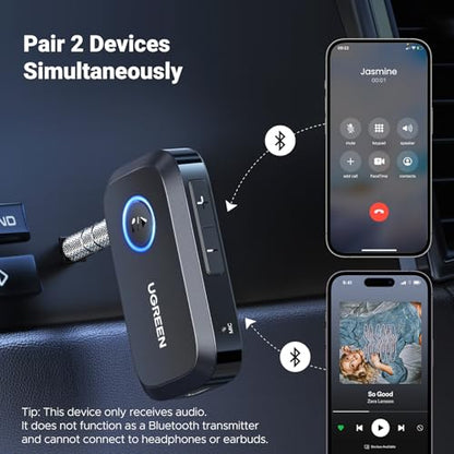 UGREEN Bluetooth 5.4 Car Adapter, Hands-Free Call & Noise Cancelling AUX to Bluetooth Adapter for Car, 3.5mm Audio Blue-Tooth Receiver for Cars Stereo Home Speaker - 15H Battery Life - color: Black