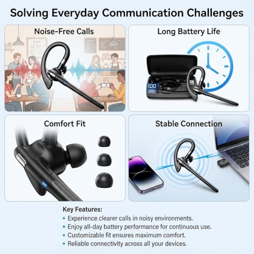 Bluetooth Wireless Earpiece with USB Adapter for PC, Dual-Mic Noise Reduction, 500mAh Charging Case, Bluetooth 6.1 Stable Connection, LED Battery Display, Voice Assistant