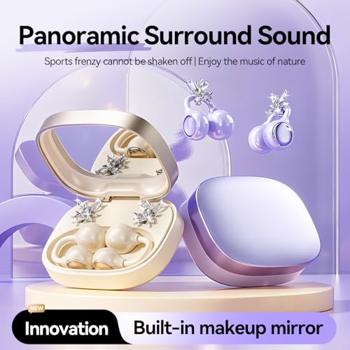 Open Ear Clip Earbuds Bluetooth 6.0, Wireless Ear Clip Headphones with LED Mirror Charging Case, IPX6 Waterproof 40H Playtime, Lightweight Open-Ear Earphones for Women Girls Gifts (Black) - color: Black
