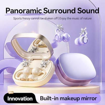 Open Ear Clip Earbuds Bluetooth 6.0, Wireless Ear Clip Headphones with LED Mirror Charging Case, IPX6 Waterproof 40H Playtime, Lightweight Open-Ear Earphones for Women Girls Gifts (Black) - color: Black