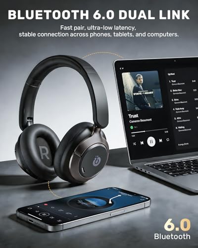 Boean Active Noise Cancelling Headphones, Bluetooth 6.0 Wireless Over Ear Headphones with 120H Playtime, 360° Spatial Audio & 5 ENC Mics, Soft Memory Foam, Transparency Mode for Office Travel Gaming
