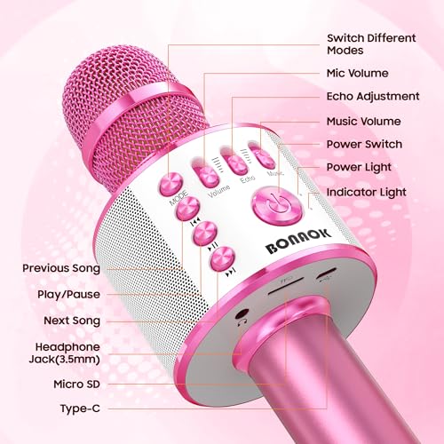 BONAOK Wireless Bluetooth Karaoke Microphone,3-in-1 Portable Handheld Karaoke Mic Speaker Machine Home Party Birthday for All Smartphones PC（Light Pink） - color: Light Pink