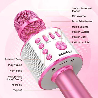 BONAOK Wireless Bluetooth Karaoke Microphone,3-in-1 Portable Handheld Karaoke Mic Speaker Machine Home Party Birthday for All Smartphones PC（Light Pink） - color: Light Pink
