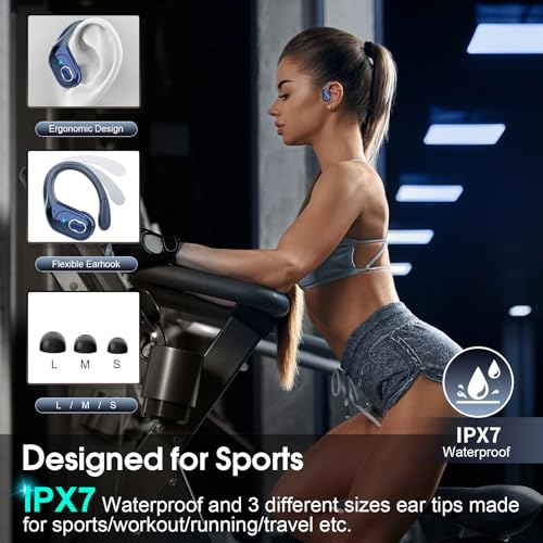 Aptkdoe Wireless Earbuds 75H Bluetooth 5.4 Sport Headphones with Earhooks | IPX7 Waterproof In-ear Buds Feature ENC Noise Cancelling Mic. Stereo Sound Device for Gym Running Workout, Royal Blue - color: Royal Blue