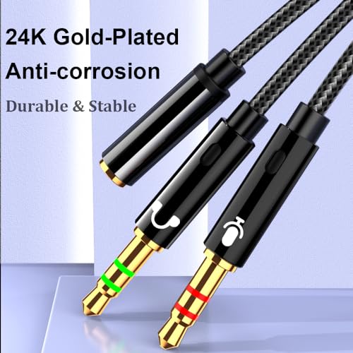 2-Pack Headphone Splitter for Computer 3.5mm Female to 2 Dual 3.5mm Male Headphone Mic Audio Adapter Y Splitter Cable Nylon Braided Cord Smartphone Headset to PC Adapter (Black,Silver)