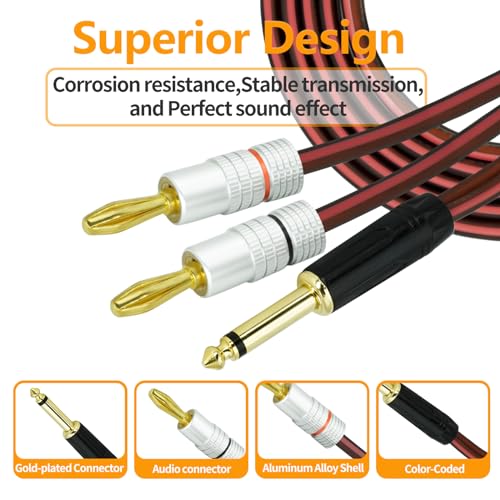 Yuchenfeng 2Pack Gold-Plated 1/4" TS Mono to Banana Plug Speaker Cable - 14AWG OFC Copper Audio Cable for Guitar, Mic & DJ Equipment, Dual PVC Shielded, Hi-Fi Sound 6.5FT