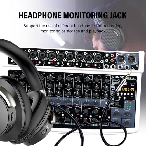 BOMGE 12 Channel Professional Audio Mixer, Bluetooth Studio Mixer with USB, 48V Power, XLR/RCA Inputs, 99 DSP Effects For Professional and Beginners (12F-W)