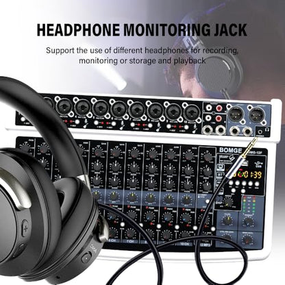 BOMGE 12 Channel Professional Audio Mixer, Bluetooth Studio Mixer with USB, 48V Power, XLR/RCA Inputs, 99 DSP Effects For Professional and Beginners (12F-W)