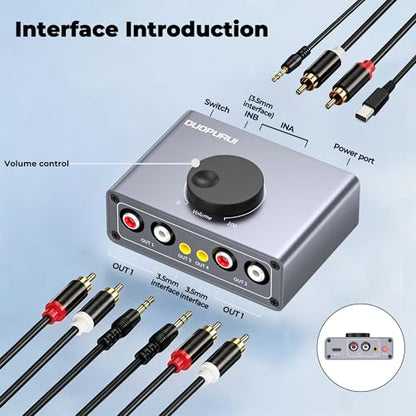 RCA Stereo Audio Switcher, 2 in 1 Out / 1 in 2 Out Bi-Directional RCA Audio Selector Splitter, Passive No External Power Required for TV Speaker Amplifier