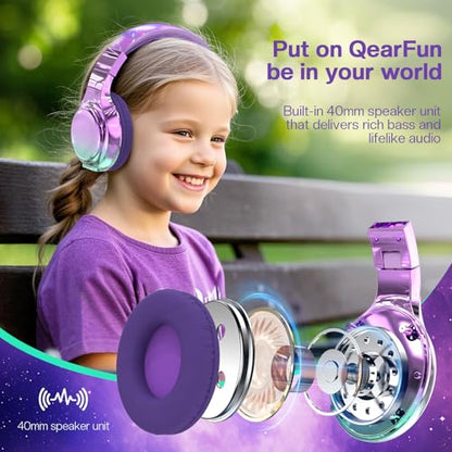 QearFun Kids Bluetooth Headphones, 60H Playtime, 74/85/94dB Volume Limit | For school, tablet, travel, kids wireless headphones feature HD mic, fast charging, foldable design, boys girls, wired mode - color: Purple