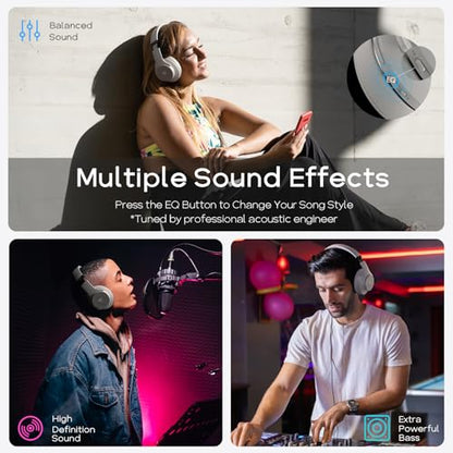 DOQAUS Bluetooth Headphones Over the Ear Wireless with 90H Playtime & 3 EQ Modes, HiFi Deep Bass, Premium Memory Foam & Mic for Travel, Home and Commuting - color: Ice Grey-Matte Textures