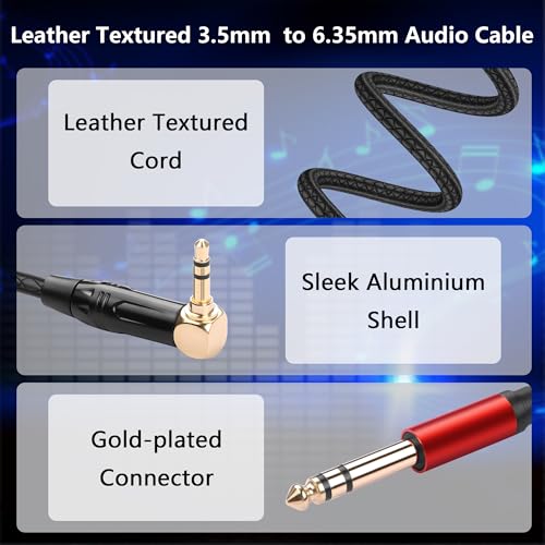 CERRXIAN 1.8M/6FT 3.5mm TRS Stereo Right Angle Male to 6.35mm TRS Stereo Male Audio Cable, 3.5mm to 6.35mm Audio Leather Textured Cord,for Electric Guitar, Mixer, Amplifier, Speaker
