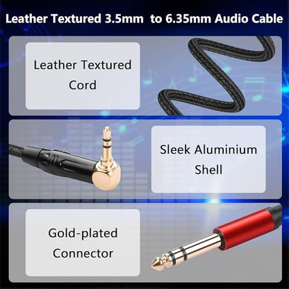 CERRXIAN 3.5mm TRS Stereo Right Angle Male to 6.35mm TRS Stereo Male Audio Cable,0.3M/1FT Leather Textured Cord, Short Stereo Patch Cable for Electric Guitar, Mixer, Amplifier, Speaker