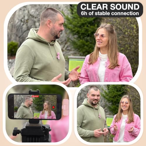 PowerDeWise Wireless Lavalier Microphone for iPhone & Android, 2 Pack Pink Mini Mic, USB-C/Lightning Clip-On Microphone, AI Noise Cancellation, 70FT Range for TikTok YouTube Podcast Vlog - style: Wireless Set Pink