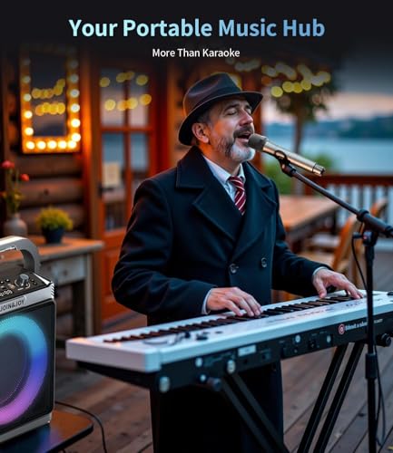 Portable Karaoke Machine, with 2 Wireless Mics, LED Lights, Loud Subwoofer, Outdoor Karaoke Speaker for Adults