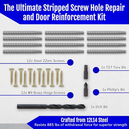 12-Pack #9 x 3 Permanent Stripped Door Hinge Screw Hole Repair Kit | Steel anchors. Reinforces hinges, strike plates and door jambs. Made in USA - size: 12 Pack