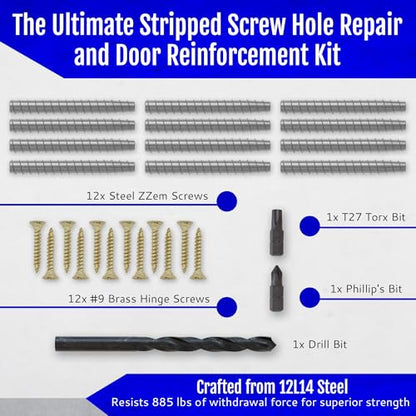 12-Pack #9 x 3 Permanent Stripped Door Hinge Screw Hole Repair Kit | Steel anchors. Reinforces hinges, strike plates and door jambs. Made in USA - size: 12 Pack