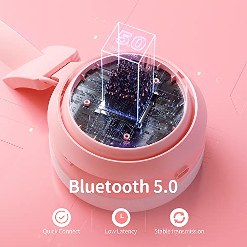 EASARS Wireless Cat Ear Headphones, Pink Gaming Headset Bluetooth 5.0 for Smartphone, Retractable Mic, 50mm Drivers, RGB Lighting Headset with Mic (USB Dongle Not Included) - color: Pink, style: Wireless