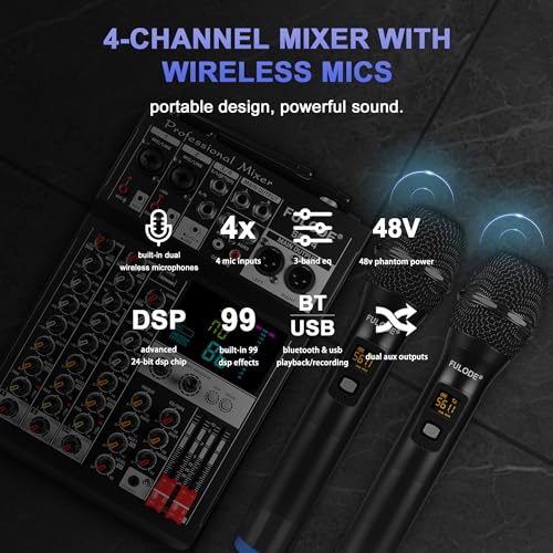 Audio Mixer, 4 Channel Sound Mixing Board With Dual Wireless Microphone & 99DSP, Professional DJ Console W/ MP3 Bluetooth 48V Phantom Power PAD USB Interface for Recording Home Karaoke Live Streaming