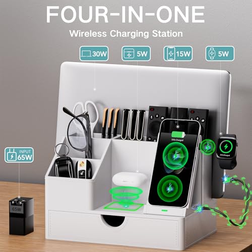 Sleek White PU Leather Charging Station with Drawer - 6-in-1 Multi-Device Desktop Organizer Docking Hub for iPad, Tablet, Laptop, Phone, Watch, Office Home Gift Idea - color: White