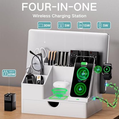 Sleek White PU Leather Charging Station with Drawer - 6-in-1 Multi-Device Desktop Organizer Docking Hub for iPad, Tablet, Laptop, Phone, Watch, Office Home Gift Idea - color: White