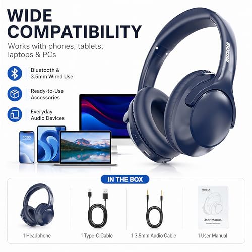 Bluetooth Headphones Wireless 68H with Mic,Decent Sound-Acceptable Blue | Adjustable Headband Foldable Over-Ear Lightweight for Office/Travel/Tablet/iPad/Laptop,HD Stereo Sound,Aux 3.5mm,D-Blue - color: Blue