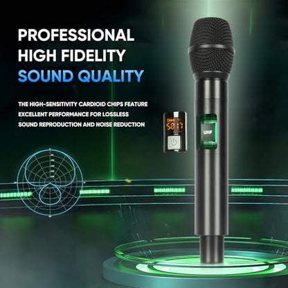 Wireless Microphone System, 4 Channels UHF Metal Cordless Handheld Wireless Mics Set - Adjustable Frequencies, Auto Scan, 165ft Range for Karaoke Singing Meeting Church Wedding (BLM404) - size: BLM404