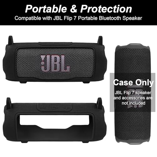 khanka Silicone Case for JBL Flip 7 Waterproof Bluetooth Speaker,Black | Soft Protective Sleeve Cover with Shoulder Strap for JBL Flip 7 Portable Bluetooth Speaker - color: Black