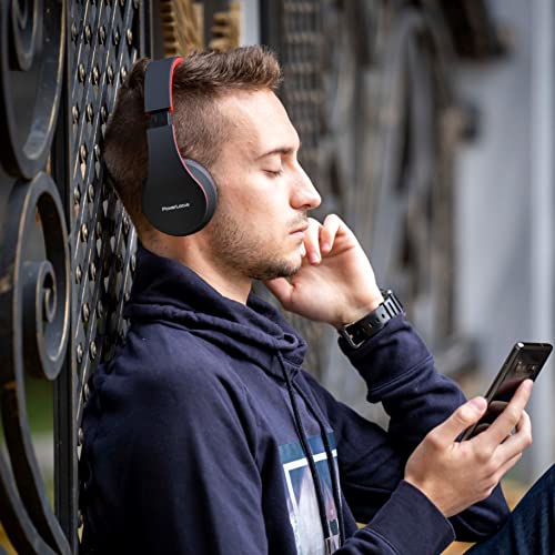 PowerLocus Wireless Bluetooth Over-Ear Stereo Foldable Headphones, Wired Headsets Rechargeable with Built-in Microphone for iPhone, Samsung, LG, iPad (Black/Red) - color: Black/Red