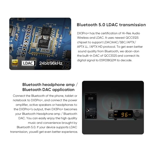 Topping DX3pro+ LDAC Headphone Amplifier with ES9038Q2M XU208 Chip, USB/Optical/Coaxial/Bluetooth to L/R RCA Line Output 3.5mm Headphone DAC Amp Preamp (Black) - color: Black