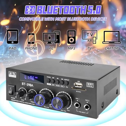 BT-398A Bluetooth 5.0 Stereo Receivers,2 Channel 450W Home Amplifier | 450Wx2 Stereo Receiver with FM Radio,USB/SD/AUX Optical & Coaxial Input for Passive Speakers