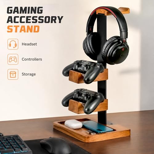 Headset Stand with Dual Controller Holder, Solid Wood | Headphone Stand with Storage Base, Gaming Equipment Accessories for Desk, Controller Holder for Gamers