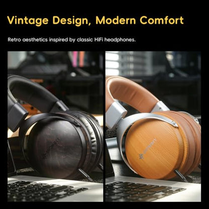SNOWSKY FIIO Nature Closed-Back Over-Ear Wired Hi-Fi Headphones, 50mm Dynamic Drivers, Dual 3.5mm Detachable Cable, Natural Sound Tuning, Wood Grain Ear Cups (Black) - color: Black