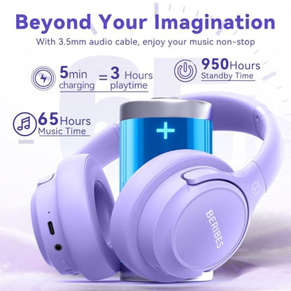 BERIBES Bluetooth Headphones Over Ear Wireless HiFi Stereo Headsets 65H 6EQ | Bluetooth 6.0,with Built-in HD Mic,Foldable Lightweight,Comfort Fit,Fast Charging,Deep Bass for Home Office Cellphone PC Ect. - color: Purple
